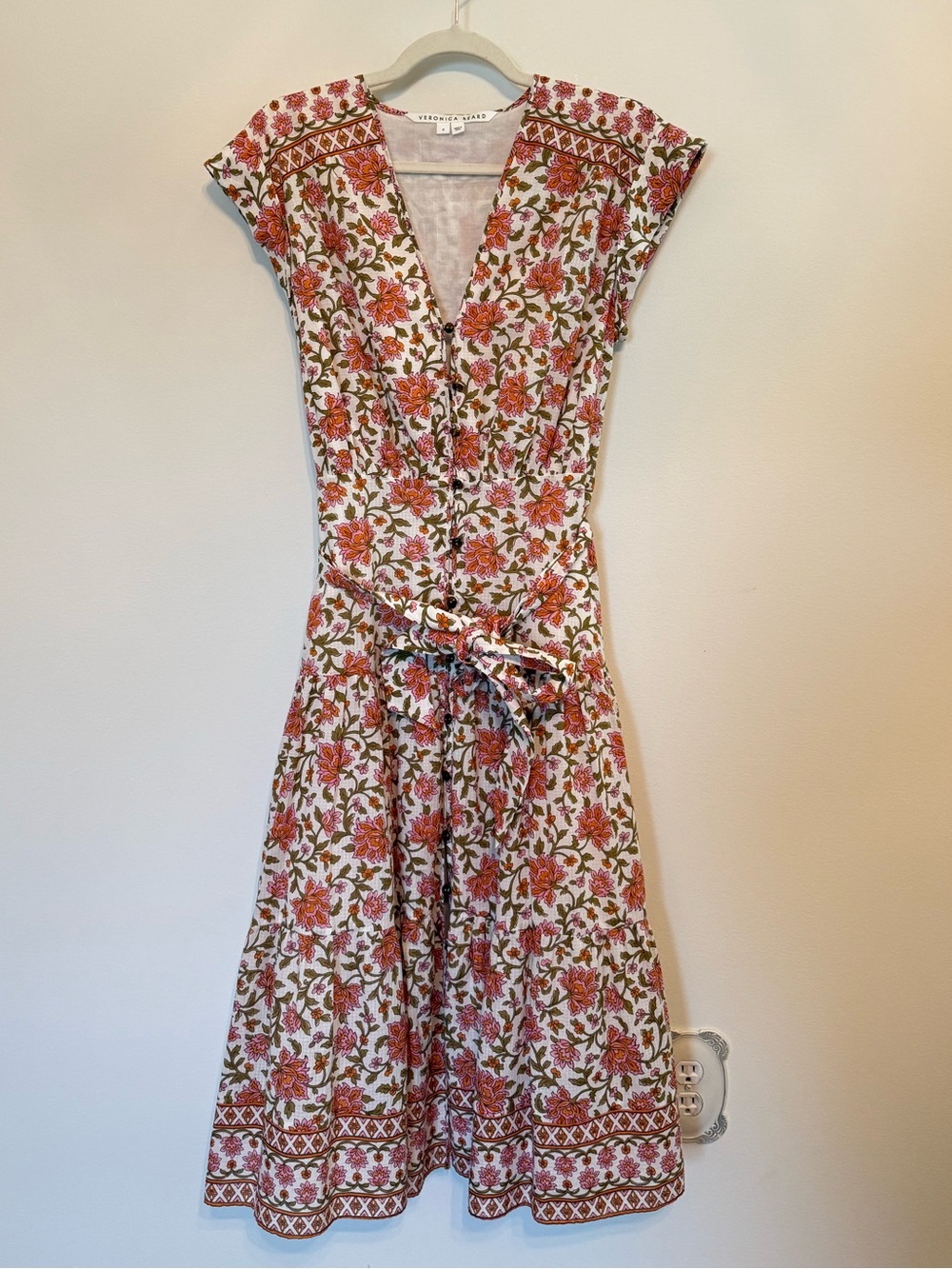 Veronica Beard Lexington Garden Floral Print Cotton Midi Dress Sz 8 Belted Lined - Picture 4 of 11